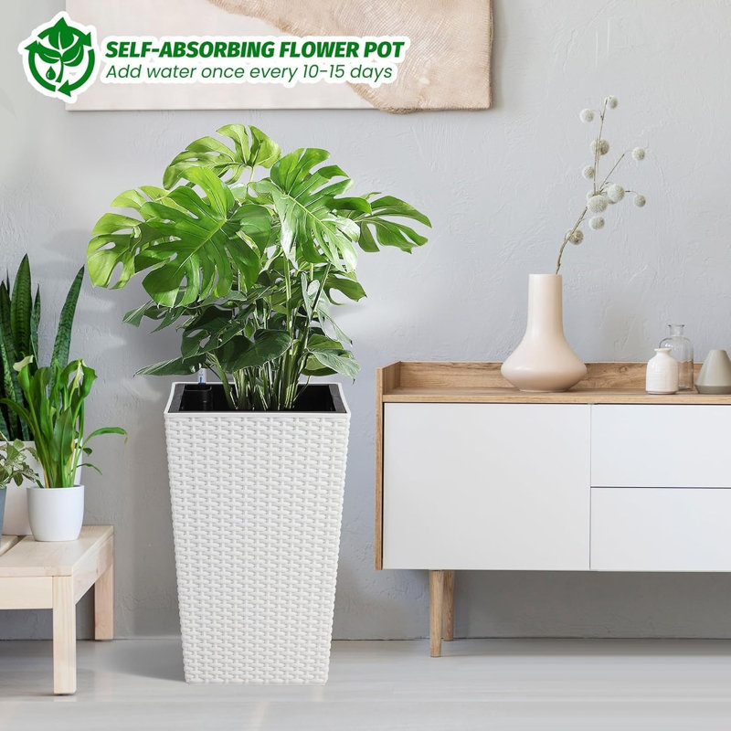 2-Pack 16Inch Rattan Self-Watering Planters with Water Level Indicator White, White