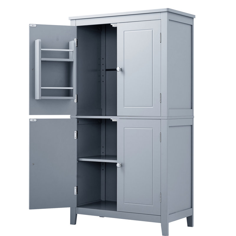 Grande armoire de rangement de salle de bain grise avec 4 portes, tablettes réglables, tirez le meilleur parti de l'armoire autoportante, portes polyvalentes