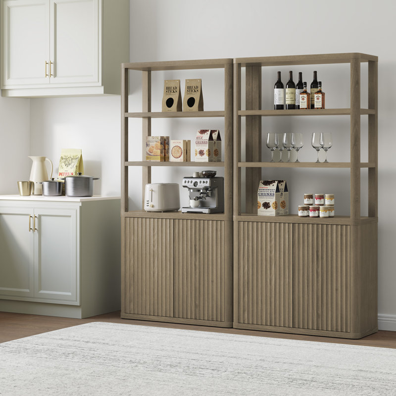 Cesiro 6-Tier Bookcase With 2 Fluted Doors And Adjustable Shelves, Gray