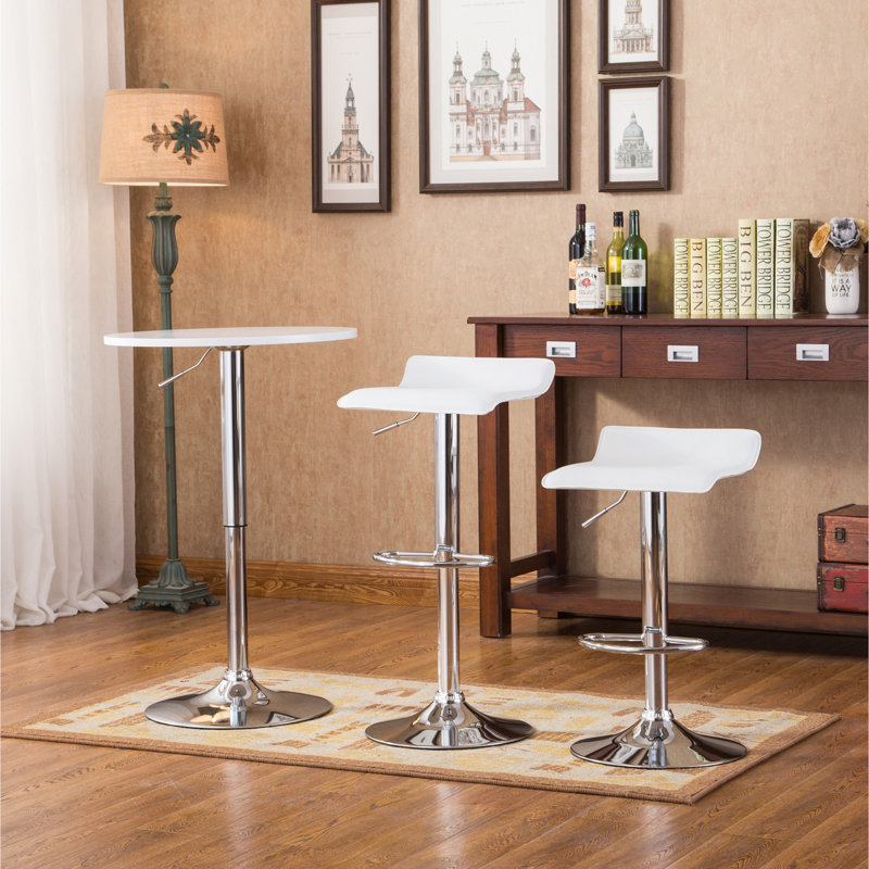 Baxton White Adjustable Height Wood And Chrome Metal Bar Table And 2 Chrome Air Lift Adjustable Swivel Stools Set, White
