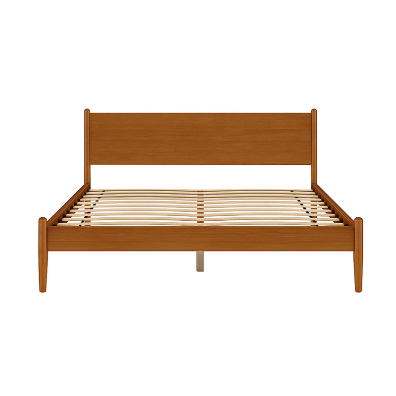 Très grand lit plateforme King Mid-Century dans des tons de chêne, des pieds fuselés ronds, un mélange de bois massif et une base à lattes pour un style de chambre à coucher fini sans sommier, facile à assembler