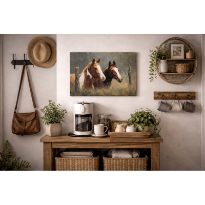 Companion Horses by the Fence - Wrapped Canvas Wall Art