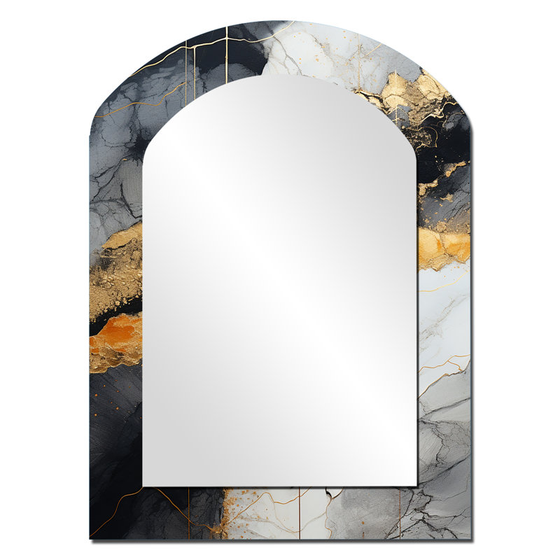 Minimalisme chrome or et orange poteries - grand miroir en arc en spirale abstraite, décor de miroir mural unique asymétrique moderne, impression d'art en métal