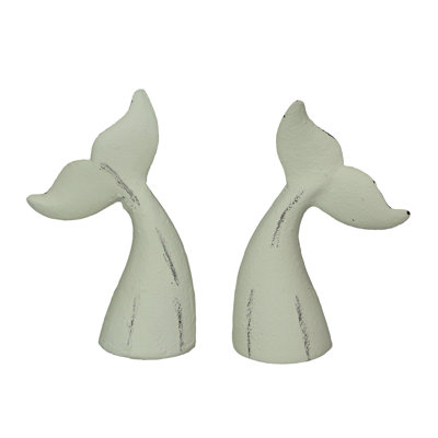 Coastal Set of 2 Cast Iron Whale Tail Decorative Bookends in Rustic Blue Enamel Finish — 4" L X 1.5" W X 6.5" H