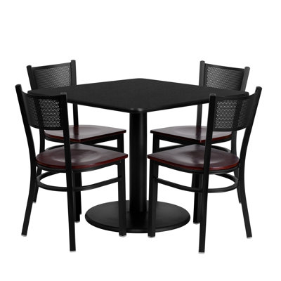 36" Square Laminate Table Set with 4 Metal Chairs - Mahogany Wood Seat
