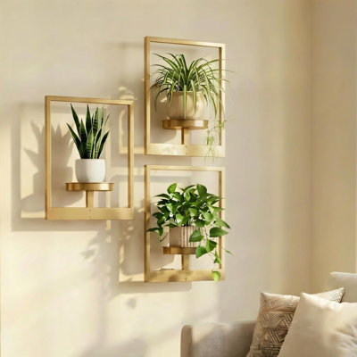Picture Frame Wall Planters Set of 3, Modern Metal Hanging Shelves for Plants, Rustproof Wall Mount Flower Pot Holder, Gold
