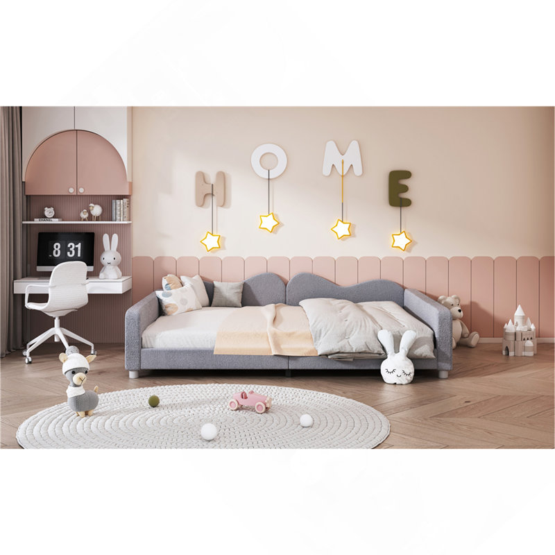 Full Size Upholstered Daybed, Sherpa Fabric Sofabed With Cloud-Shaped Backrest, Gray, Full / Double