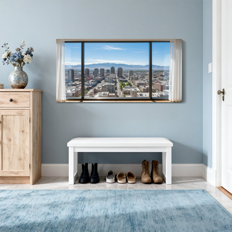 Vue de paysage urbain à travers une fenêtre avec rideaux Z251225161612195252, H 16 po x l 32 po