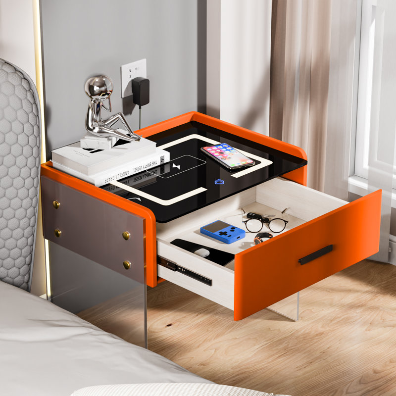 Cyani 1 - Drawer Nightstand with Wireless Charging, LED Lights, Bluetooth Player & Sensor Light, Orange