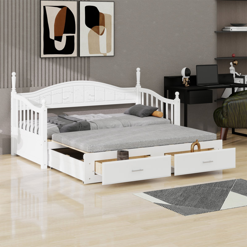 Lit de jour avec lit gigogne, lit de jour extensible avec deux tiroirs de rangement, Blanc