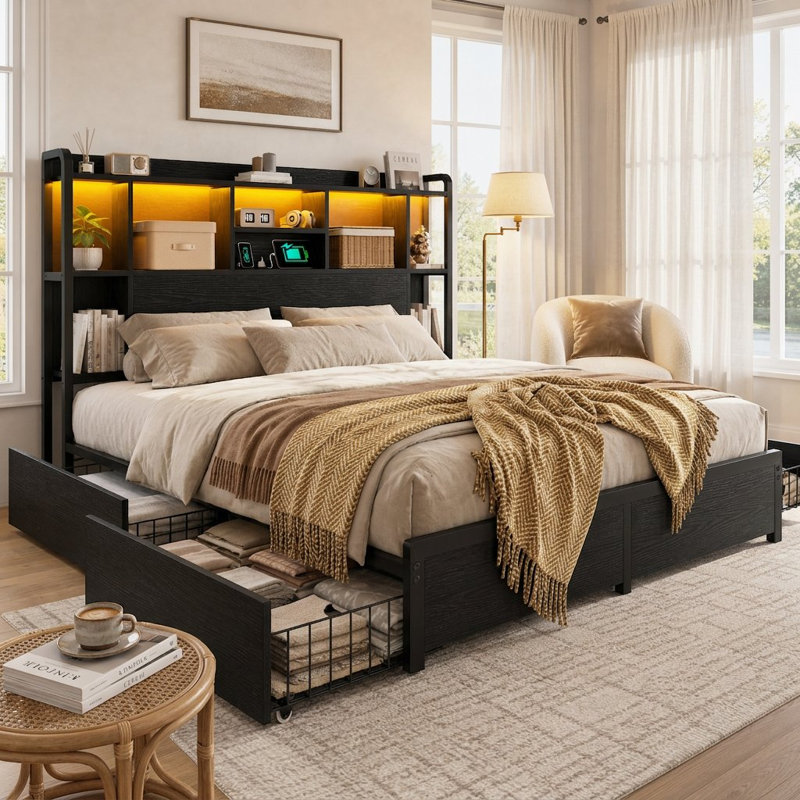 Tall Headboard Queen Bed Frame With 4 Storage Drawers & Built-in Usb Chargingge, Adjustable Led Lighting,Black, Black, Queen
