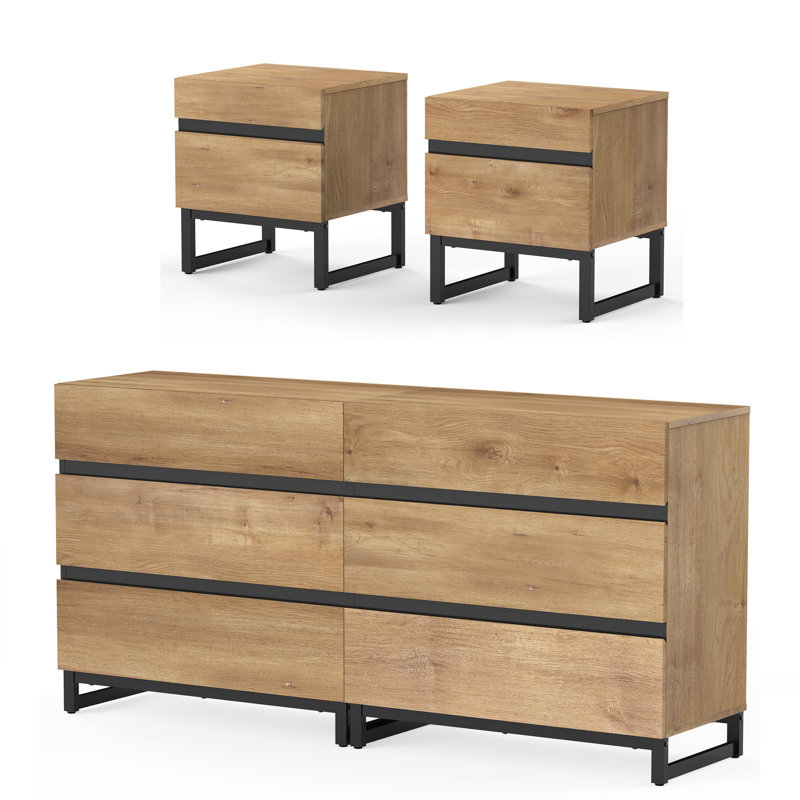 Ensemble de meubles de chambre à coucher 3 pièces, commode 63 po à 6 tiroirs, table de chevet à 2 tiroirs, table d'appoint pour chambre à coucher, ensemble de mobilier de chambre à coucher