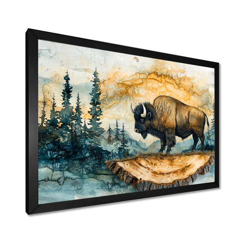 Bison américain dans un paysage d'été II - Bison, art mural, H 30 po x l 40 po, Cadre simple, Noir