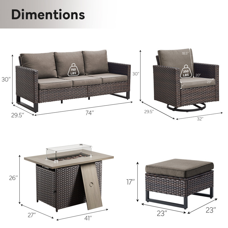 Hansencamp 7 - Person Outdoor Seating Group With 41" Fire Pit With Swivel Glide Chair And Cushions, Brown, Gray