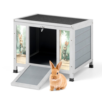Wooden Small Animal House With Lockable Door, Waterproof Roof, Openable Top For Rabbits, Ducks, Ferrets, Gray Creative Patterns Weather - Outdoor Pet Cage Secure Guinea Pigs, 24.29"L X 18.37"W