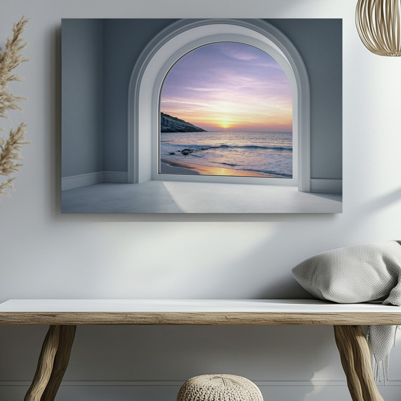 Toile, art intérieur encadré d'une fenêtre arquée encadrée en blanc doux révélant un coucher de soleil à couper le souffle