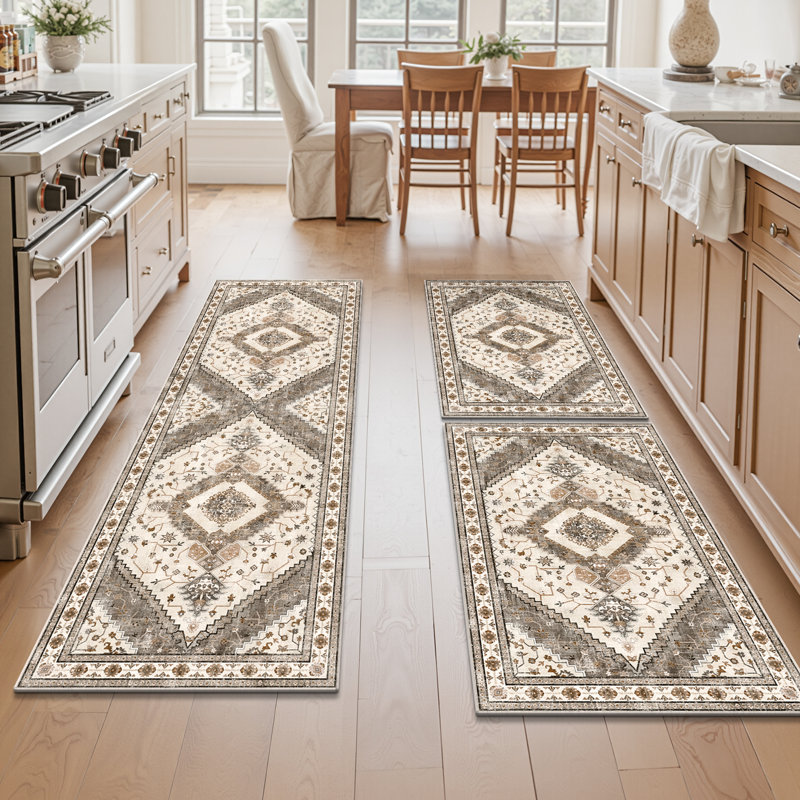 Washable Kitchen Rugs Non Slip Kitchen Mats (Set of 3), Brown