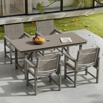 Ensemble de salle à manger 5 pièces en PEHD pour l'extérieur, résistant aux intempéries, texture bois