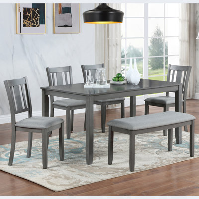 Ensemble de salle à manger de cuisine 6 pièces, table de salle à manger rectangulaire en bois avec 4 chaises rembourrées et un banc, ensemble de table de salle à manger pour 6 personnes, salon, bar et cuisine, gris