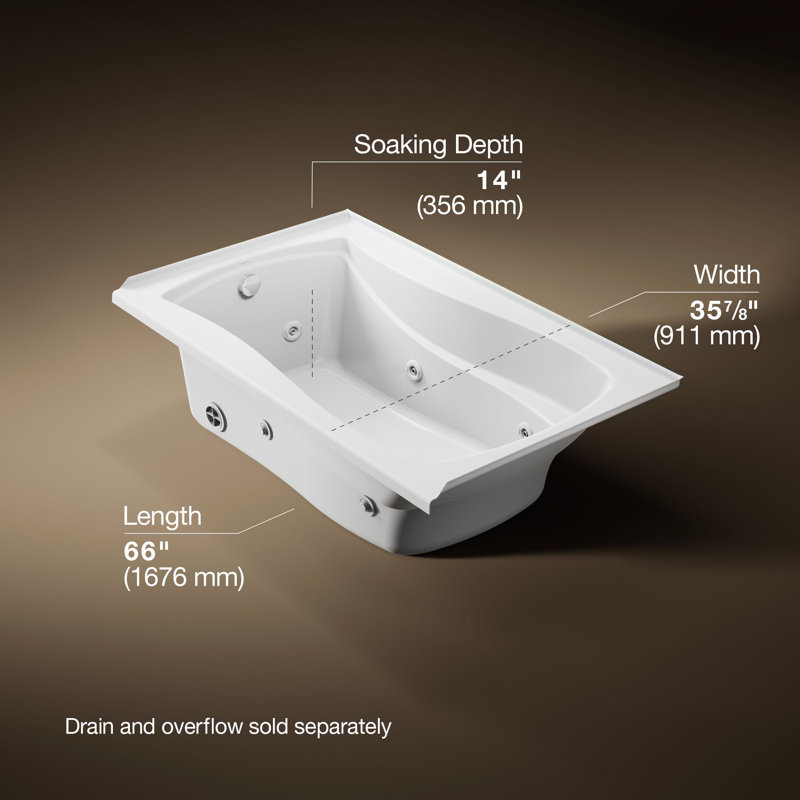 Mariposa 60" x 36" Drop In Whirlpool Bathtub, White, Left