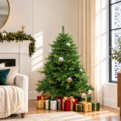 Sapin de Noël artificiel rustique de 1,37 m (4,5 pi) préilluminé, avec 1 117 branches, 300 lumières blanc chaud et un support en métal