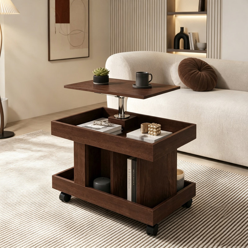 Table d'appoint mobile mobile avec bureau pivotant à 360 ° et rangement, Noyer brun