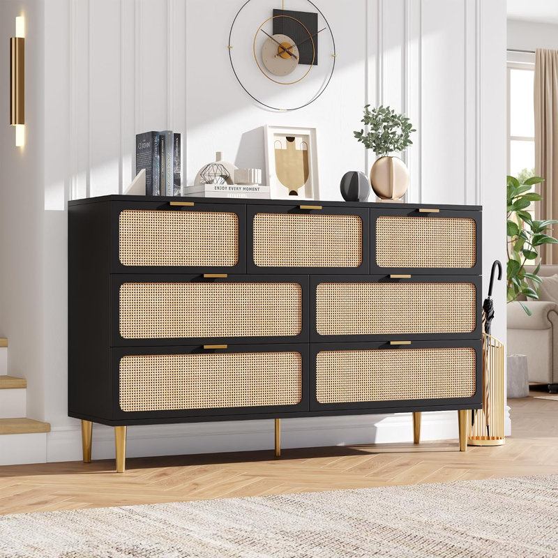 Commode à 7 tiroirs en rotin, armoire de rangement tissée noire pour la chambre à coucher, Noir