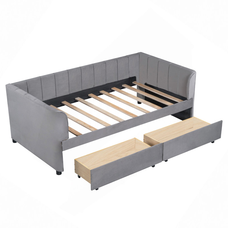 Lit de jour rembourré avec dossier ergonomique et 2 tiroirs, Gris