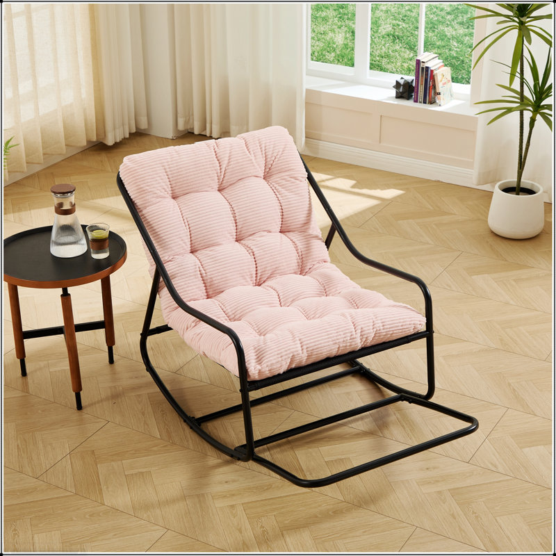Chaise berçante d'extérieur avec coussin épais ultra-confortable, parfaite pour le salon, la chambre à coucher et le coin lecture, structure noire avec coussin rose