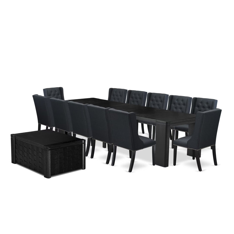 14-piece Dining Table Set a Rectangular Dining Table with a coffee Table and 12 Black Linen Fabric kitchen Chair, Wire Brushed Black