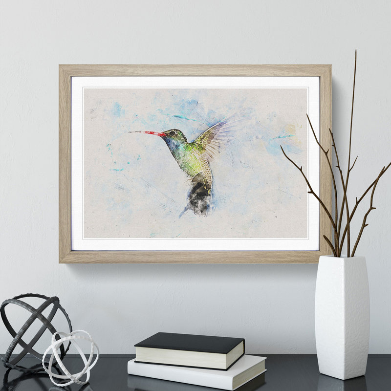 Hummingbird Paint Smudge - Picture Frame Painting Print, Oak Framed, 45cm H x 63cm W x 2cm D