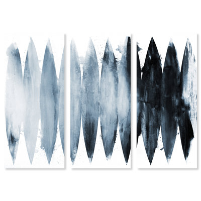 Abstract Muted Blue Watercolor Wide Three Piece Shapes - Painting on on Wrapped Canvas
