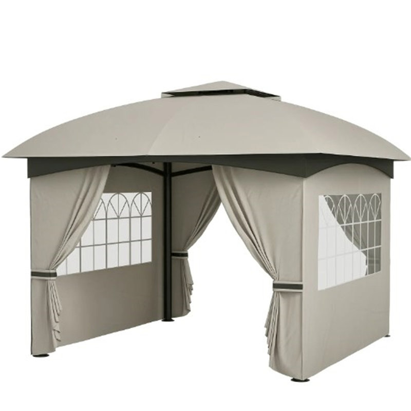 Double Roof Patio Gazebo,Elegant Design Gazebo,With Curtains,Church Windows,For Outdoor, Light Gray