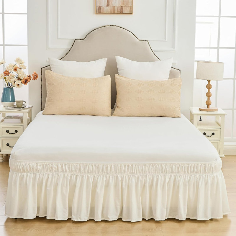 Cotton Ruffles Wrap Around Bed Skirts 17" Drop with Adjustable Elastic, King, White