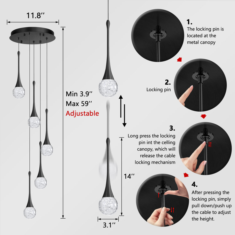 5-Light Glam Pendant Light Led Dimmable Chandelier Fixture, Matte Black