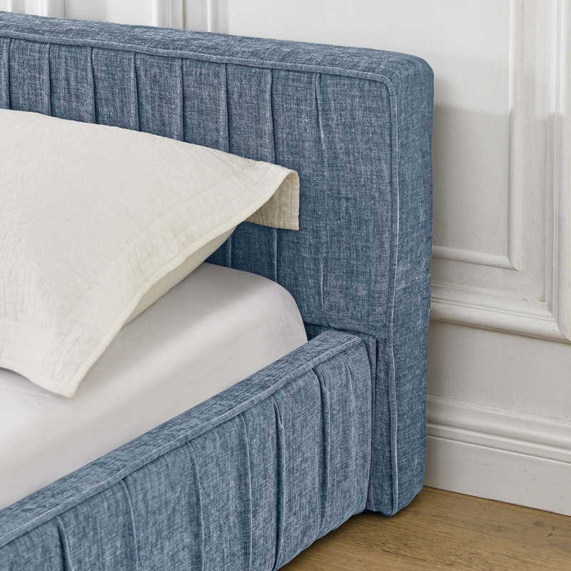 Queen Size Upholstered Bed Frame With Chenille Fabric, Dark Blue