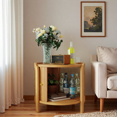 Modern Round Rotating End Table With Rattan And Hidden Storage