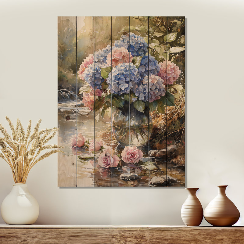 Hortensias et roses au bord de la rivière - Art mural en bois d'hortensias - sur bois de pin naturel