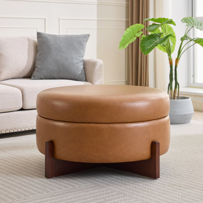 Pouf de rangement rond avec table basse intégrée - 82 x 82 x 44,5 cm - Cuir - 1 pièce - Brun - Rangement dissimulé