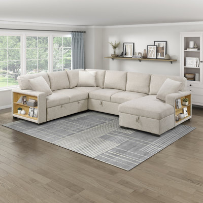 Meserve 121" Contemporary Square Arm Boucle Sectional with Pull-Out Bed by Latitude Run