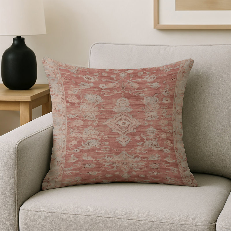 Coussin décoratif intérieur et extérieur Modern, Dusty rose / beige / ivoire damassé 4, Carré 16 po