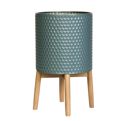 Ivalou Mid Century Modern Indoor Metal Pot Planter 4-Leg Wood Base