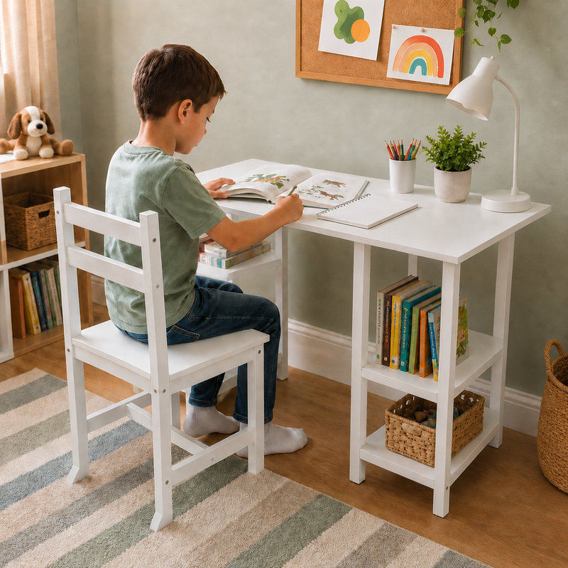 Ensemble bureau et chaise en bois Teamson pour enfants, avec 4 étagères de rangement ouvertes, un grand plateau et une chaise anti-basculement idéale pour lire, écrire et dessiner. À partir de 3 ans.