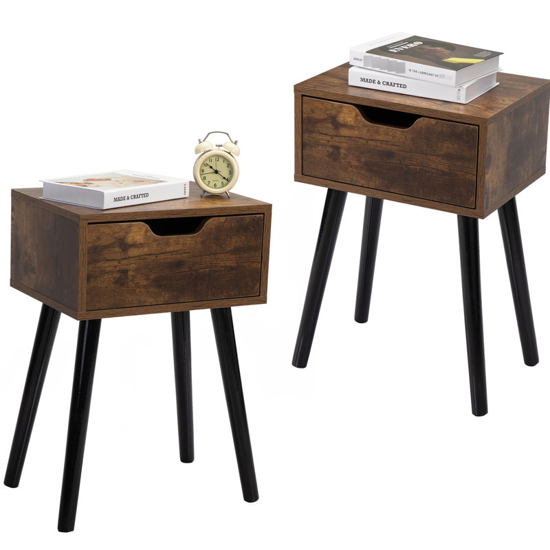 Table d'appoint 2 pièces Mid-Century en bois rustique brun noir, salon avec rangement, tiroir et plateau de rangement