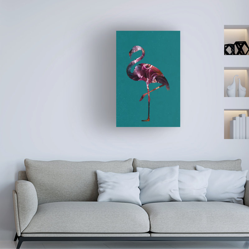 Pink Flamingo on Teal Canvas with Wood Frame, 19" x 12"