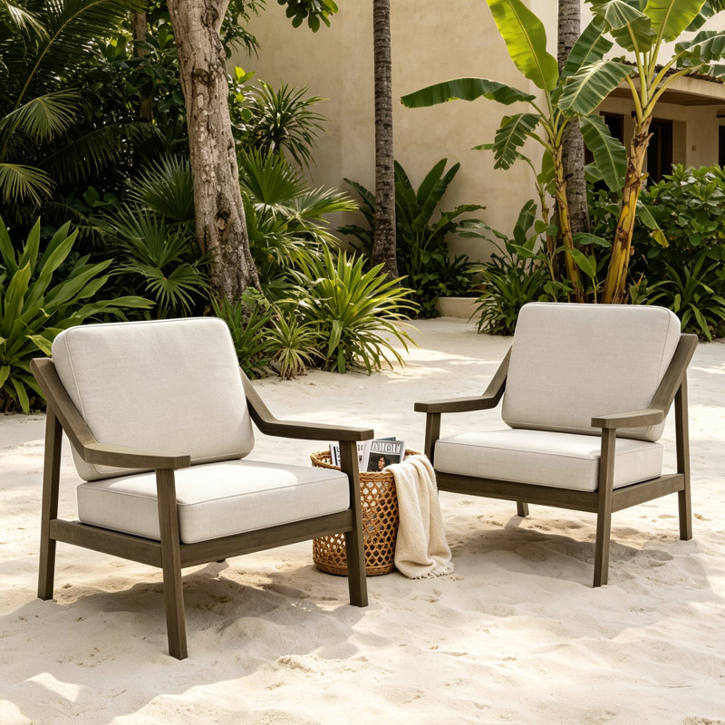Marlo Solid Wood Teak Outdoor Lounge Chairs With Cushion And Arms, Brown, Light Camel