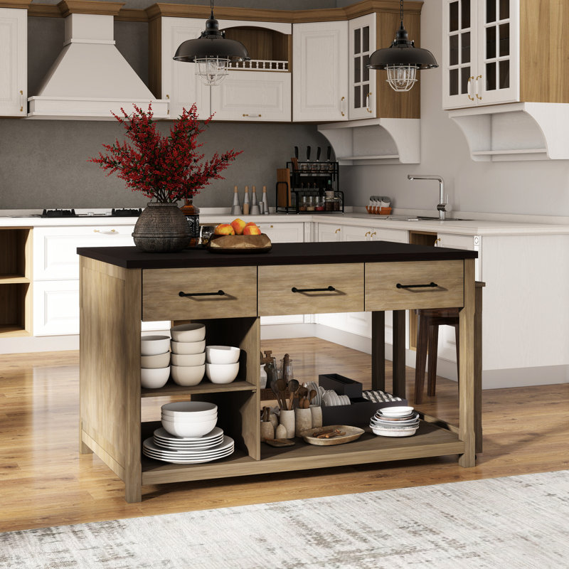Îlot de cuisine extensible avec rangement, chariot de cuisine multifonctionnel avec prises de courant intégrées, îlot de cuisine rétro sur roulettes avec tiroirs et tablettes ouvertes