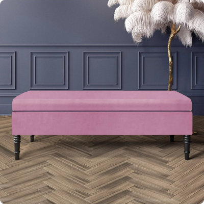Safar Plain Upholstered Plush Velvet Ottoman Storage Bench with Black Turned Wooden Legs