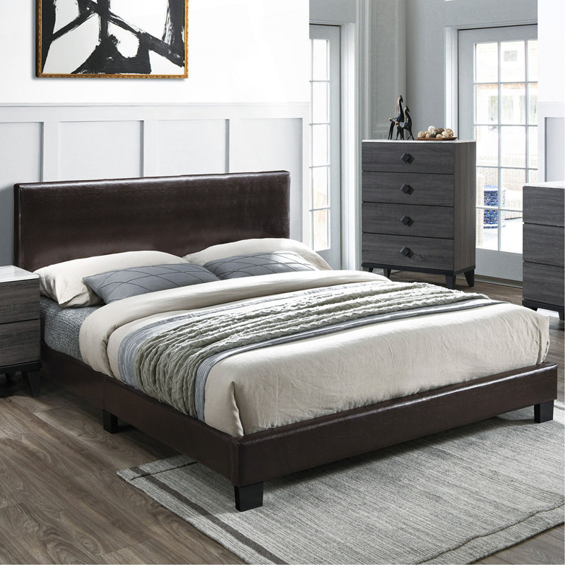 Cadre de lit en similicuir brun moderne 1pc, Grand lit, Brun / Espresso