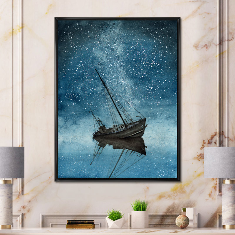 «Ship with a Night Sky Strewn», reproduction sur toile, H 32 po x l 16 po, Cadre flottant noir